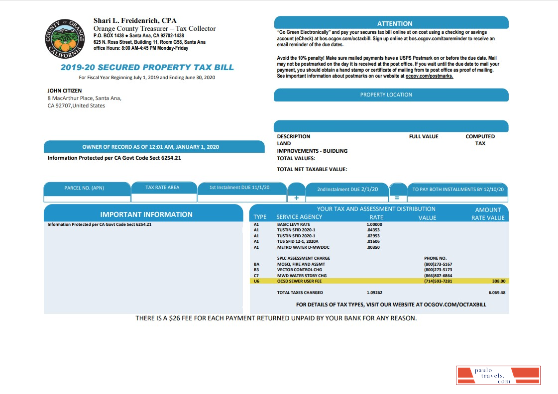 USA County of Orange California property tax bill template in Word and PDF format